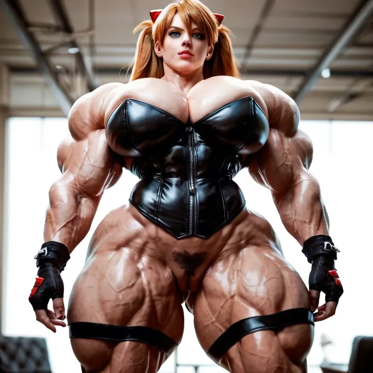 Asuka Langley, female massive muscles, massive muscle, huge muscle body, hyper massive muscles trapèze, hyper massive muscles épaule, hyper massive muscles biceps, nude corset huge boobs, nude hairy pussy, lingerie latex, club de striptease,  bimbo   pussy on big black cock Male