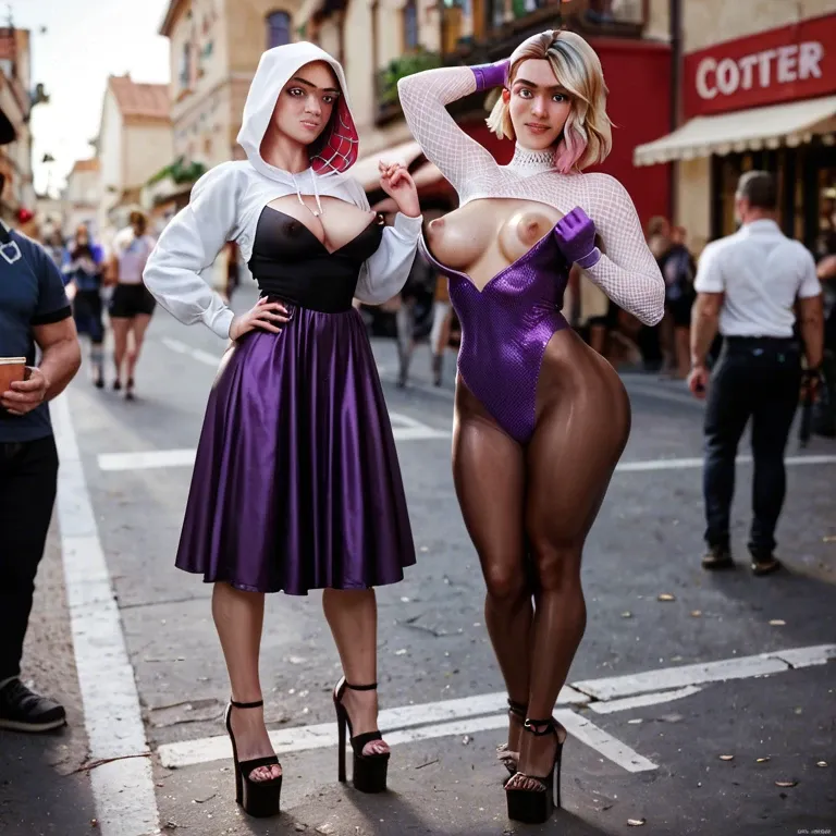 2girl, , , , rosy cheeks,hands raised,areolae slip,grab,skin tight, purple dress,fishnet,purple gloves,cotton panties,platform heels, gym, crowded street, medieval, spider-gwen, rapunzel waifu