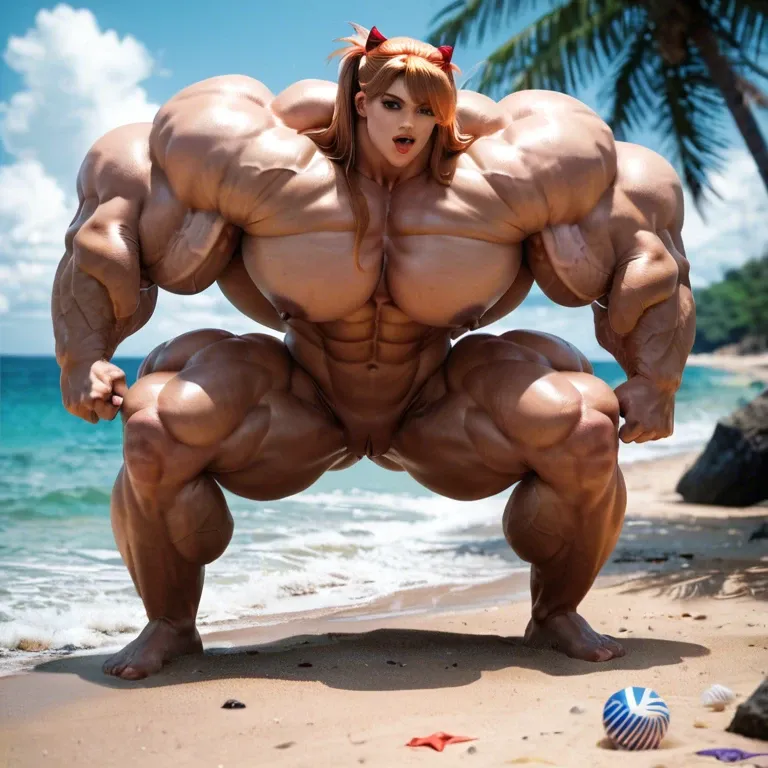 Asuka Langley,  female bimbo muscles, hyper muscles trapèze,  hyper muscles épaule, hyper muscles biceps, huge boobs, beach, pussy on big black cock Male