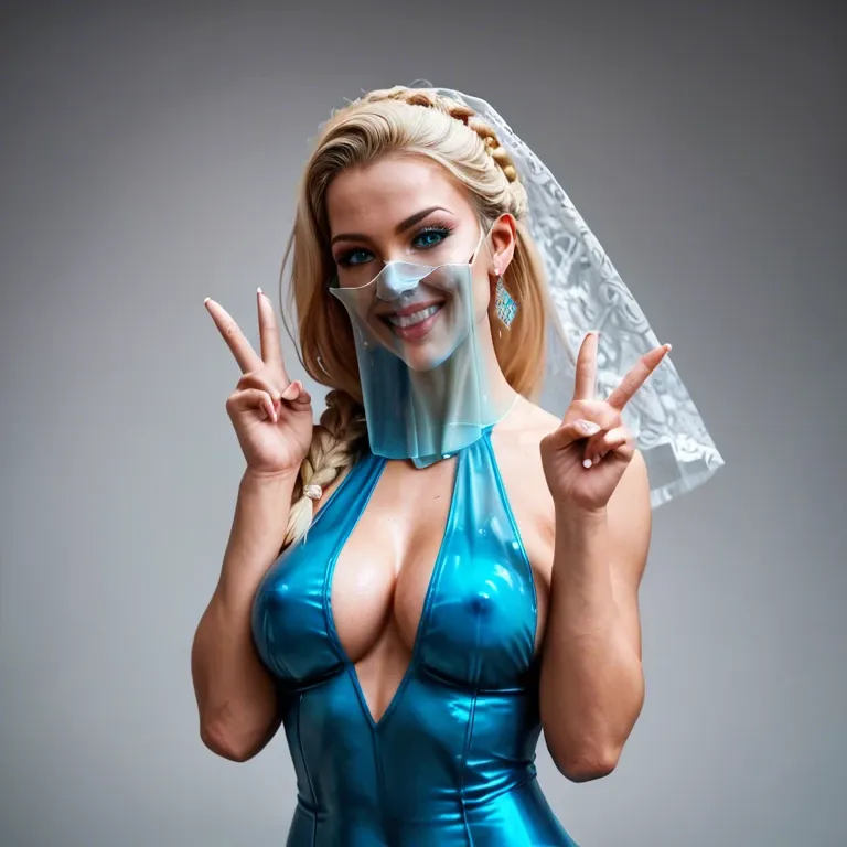 4k detailed sexy hot blonde young lady with braid wearing transparent face covering veil with high quality face, eyes and sexy lips, wearing a blue tight dress amazing tits, v gestures, seductive sexy smile