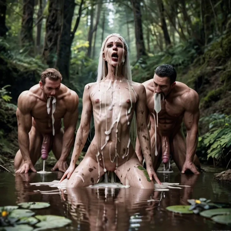 extreme long whitehair woman , flat chest , very skinny body ,  in the mud , in deep forest swamp ,  orgy , fucking mans  , sucking dick  , extreme anal gaping , dirty , cum covered