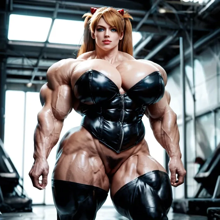 Asuka Langley, female massive muscles, massive muscle, huge muscle body, hyper massive muscles trapèze, hyper massive muscles épaule, hyper massive muscles biceps, nude corset huge boobs, nude hairy pussy, lingerie latex, pussy on big black cock Male