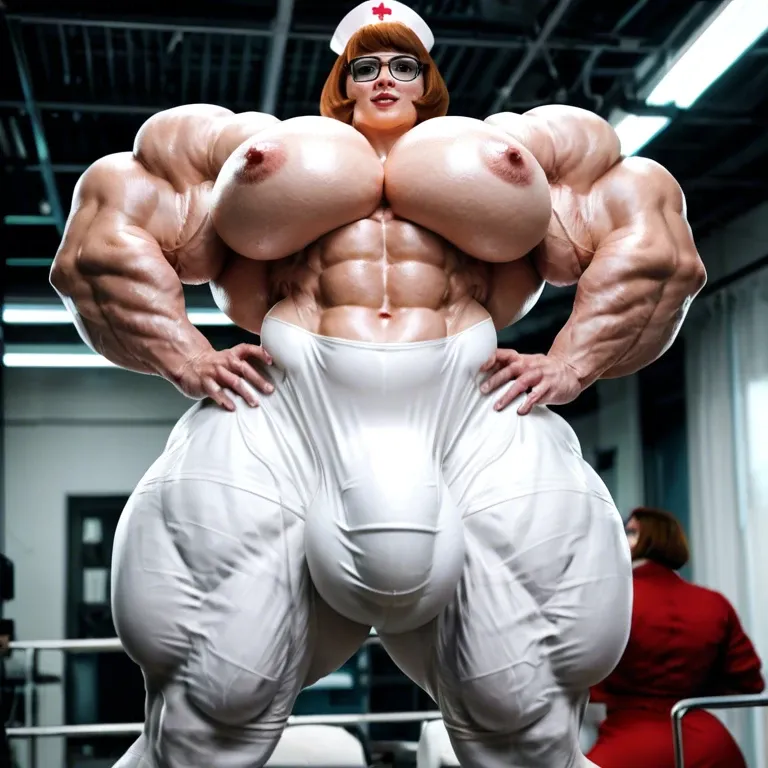 Velma Dinkley nurse, female massive muscles, massive muscle, huge muscle body, hyper massive muscles trapèze, hyper massive muscles épaule, hyper massive muscles biceps, nude huge boobs, futa large cock bulge pants