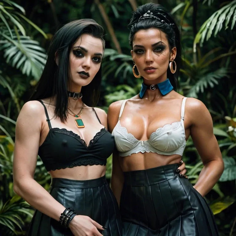 2girl, , , , dark eyeliner,skin blushing,one nipple out,narrow hips,bare shoulders, pleated skirt,black leggings,blue collar,white bra,gothic boots, baroque, brazil jungle, cyberpunk, collared shirt, link, wonder woman