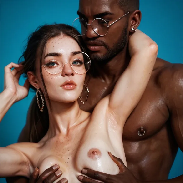 1girl,1boy, , , , round eyewear,armpits,flat chest,pec squeeze,dark skinned, nose piercings,high heels,perky tits,blue background,elbows, light freckles,arms spread,defined nipples,one breast out,off-shoulder, white tank top,leg warmers,jester cap,white lingerie,ballet shoes, taut skirt,black lace bra,maid hat,microbikini,shoes, saliva on shirt,white socks,bdsm choker,sling bikini,boots, shower, in the river, medieval dress, android 18, painted, brightly lit, zelda sd, elsa hair, reinhardt