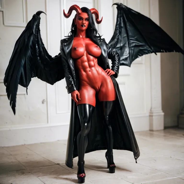 Girl, naked, latex stockings, abs, long coat, black wings, heels, devil horns, black hair, red skin, large penis