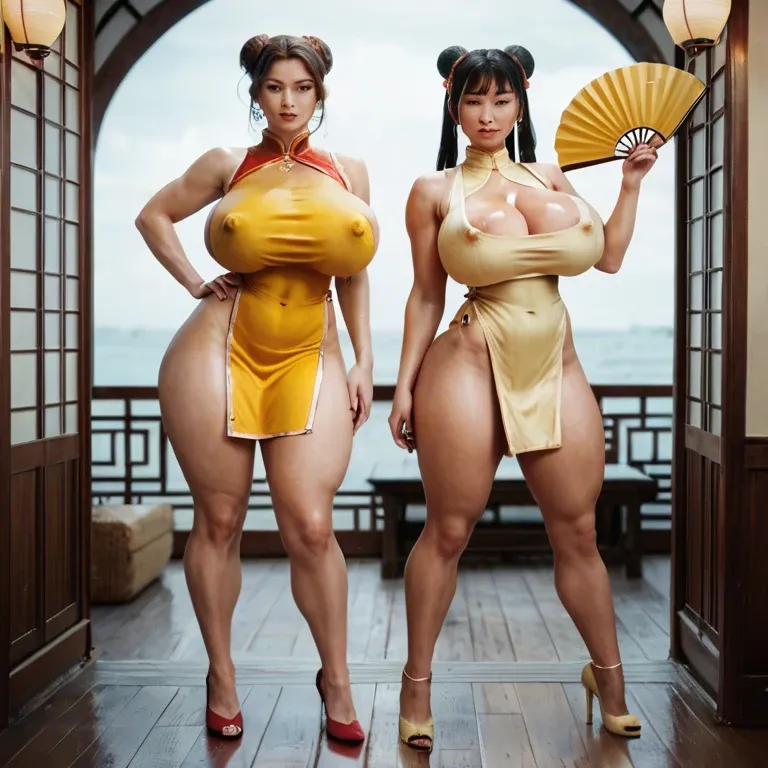 2girl, , , , large nose,large thighs,big boobs,bare navel,bare shoulder, perfect nose,on tiptoe,nipple peak,bent at waist,yellow tank top, china dress,hand fan,huge breasts,large breast,heart necklace, white skirt,gold anklets,hoop earrings,sling bikini,stiletto heels, costume,white socks,gold jewelry,gray sports bra,running shoes, bare shoulders, bathing in lake, spaceship, obedient slut, wonder woman