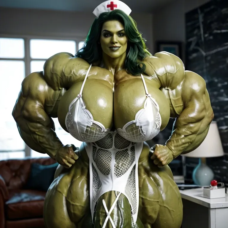 Nurse she hulk, female massive muscles, massive muscle, huge muscle body, hyper massive muscles trapèze, hyper massive muscles épaule, hyper massive muscles biceps, huge boobs, futa large cock , lingerie latex