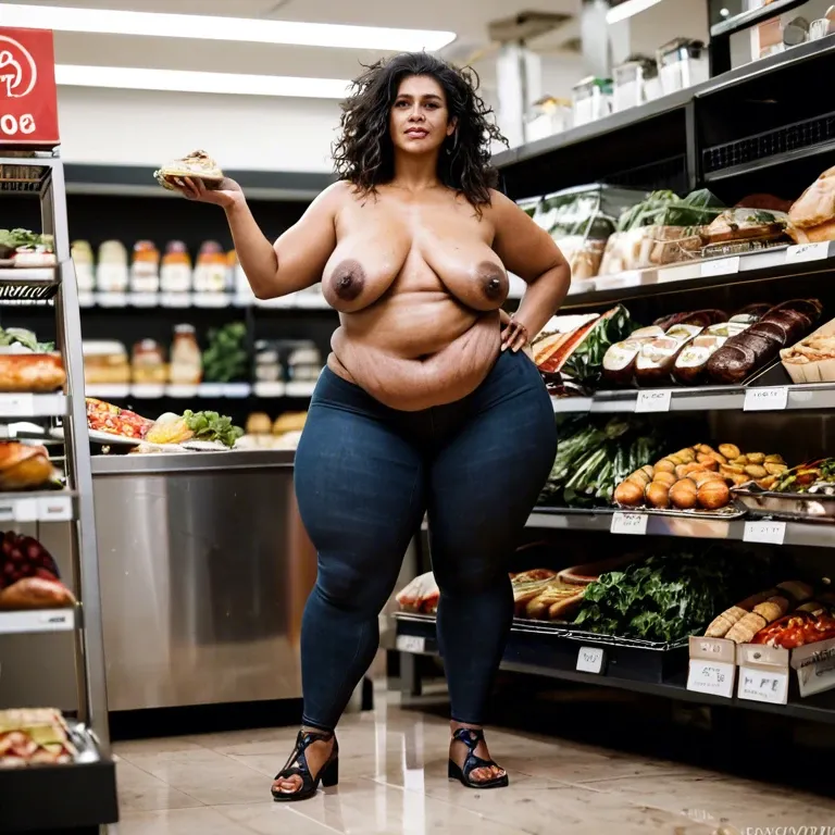 Full body,60 year old Latina, fat, wrinkles, overweight, overlapping belly, big thighs, sagging tits, dark nipples, stretch marks, no makeup, messy hair, dark blue leggings, grocery aisle