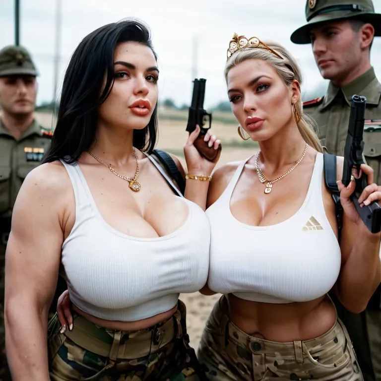 2girl, , , , arching back,handgun,huge breast,plump pecs,man standing, huge lips,army,huge breasts,adorable girl,gold necklace, white sweater,necklace,gold tiara,sports bra,high heels, blue skirt,baggy socks,panties on,blue panties,thigh boots, bare shoulder, gardens, tavern, book shelf, lara croft, ariel, rapunzel waifu