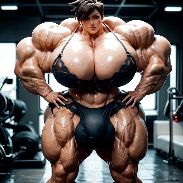 Tracer, female massive muscles, massive muscle, huge muscle body, hyper massive muscles trapèze, hyper massive muscles épaule, hyper massive muscles biceps, huge boobs, futa large cock bulge, lingerie