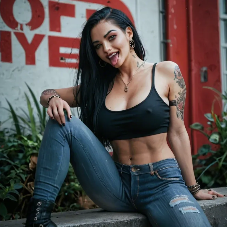 30 year old Black hair tattoo piercings Long legs, perfect tits, denim jeans with the blacktop with her tongue out