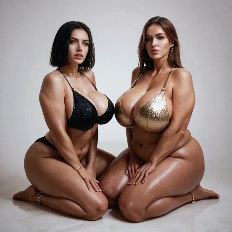 2girl, , , , bubble in nose,anklets,huge breasts,waists,on knees, full pouty lips,detailed hand,medium tits,skinny abdomen,free shoulders, double chin,fat obese arms,saggy breasts,background,sultan, black shirt,knee-high socks,golden necklace,blue panties,knee boots, crossdressing,anklets,crown,thongs,heels, bedroom eyes, fantasy forest, spaceship, camera, bedroom, realistic fur, backlit, 2b, dynamic view