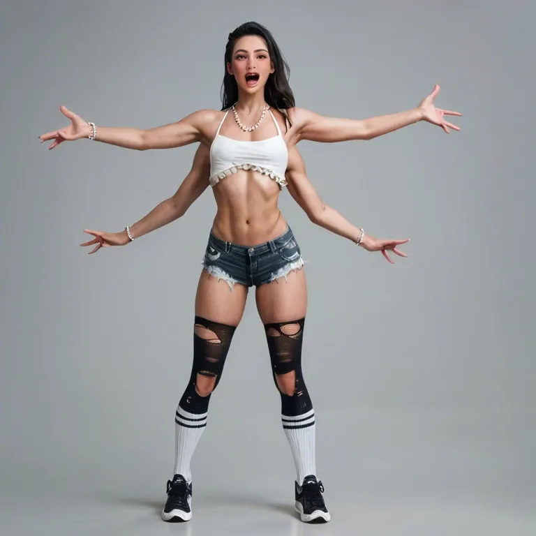 1girl,1boy, , , , reaching back,four arms,round tits,grey background,skin blushing, crossdressing,knee socks,beaded jewelry,bikini top lift,black sneakers, white crop top,torn thighhighs,belt,black lace bra,armored boots, in a gym, blake, medieval prison, sitting on desk, zelda, ariel