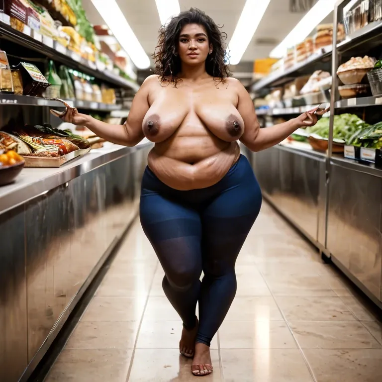 Full body,60 year old Latina, fat, wrinkles, overweight, overlapping belly, slim thighs, sagging tits, dark nipples, stretch marks, no makeup, messy hair, dark blue leggings, grocery aisle, curious bystander