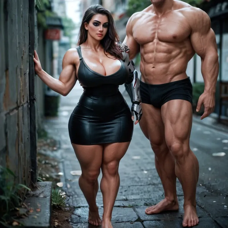 1girl,1boy, , , , bushy eyebrow,mechanical arm,cleavage,huge hips,natural skin, dark eyeshadow,barefoot,round big tits,cozy background,knee, cute nose,muscular thighs,areolae slip,cozy background,skin smug, yellow dress,white stockings,round glasses,green bodysuit,thigh boots, public park, cyberpunk, leashed, 2 boys, ariel waifu