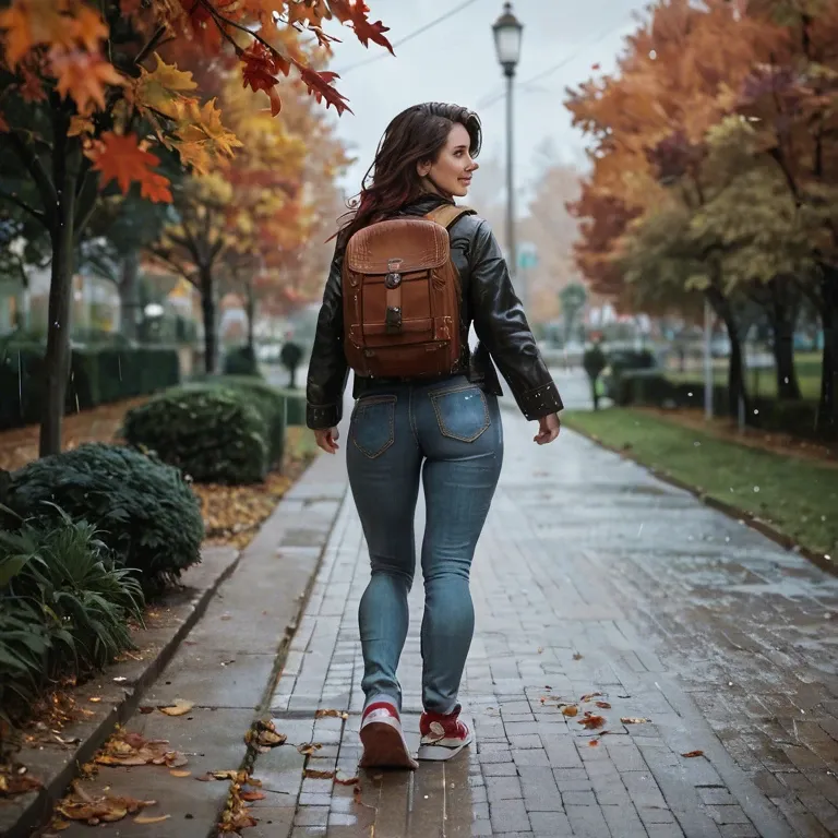 Woman, brown shoulder-length hair, park, jeans, sneakers, coat, autumn day, walking, happy, backpack, visible from behind, Rain day