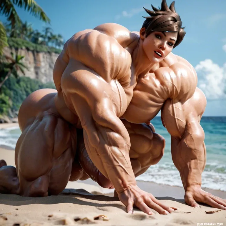 Tracer,  bimbo muscles, hyper muscles trapèze,  hyper muscles épaule, hyper muscles biceps, huge boobs, beach, futa anal on big black cock Male