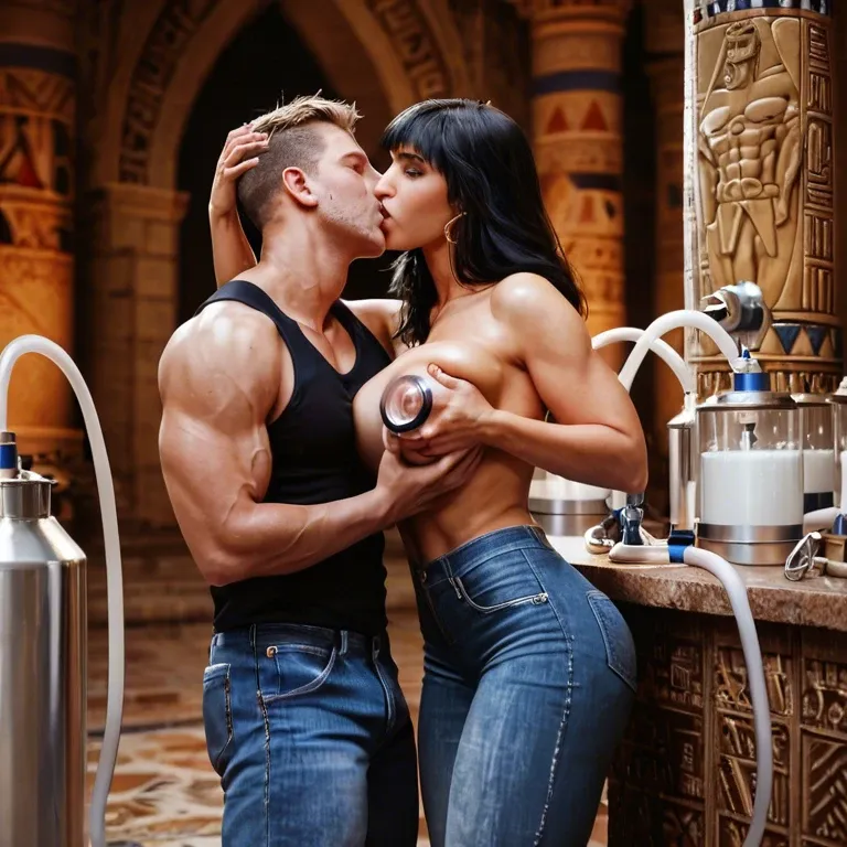 1girl,1boy, , , , molest,5 finger,firm breasts,grab breast,broad shoulders, milking machine,arm over head,detail areola,pectorals,kissing neck, jeans,egyptian palace,fur collar,bra,platform heels, pants pull,black leggings,belt,cotton panties,black sneakers, bare midriff, piledriver, castle, clv gag, 2b, ayanami