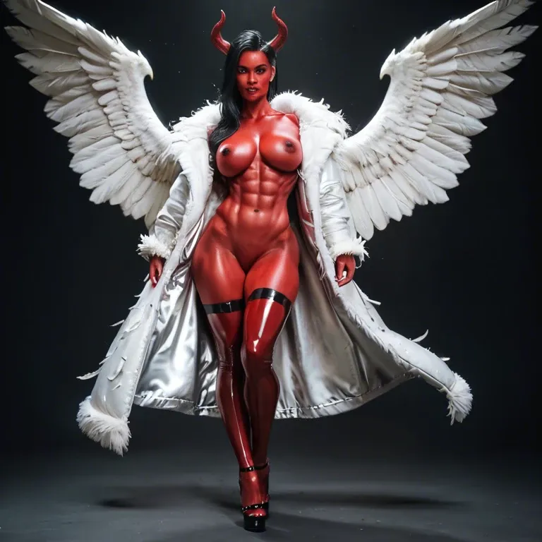 Girl, naked, latex stockings, abs, white feather coat, white wings, heels, devil horns, black hair, red skin