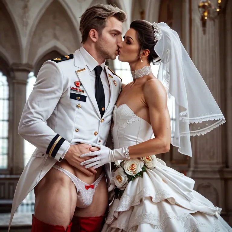 1girl,1boy, , , , big blue eyes,hands own ass,flat chest,broad and abs,kissing neck, wedding dress,red thighhighs,white gloves,hand on panties,thigh boots, uniform,lace choker,sunglasses,hand on panties,stiletto heels, downblouse,glaceon,cape,black bodysuit,high heels, bedroom, floating dildo, anime style, bright-lit room, dynamic pose