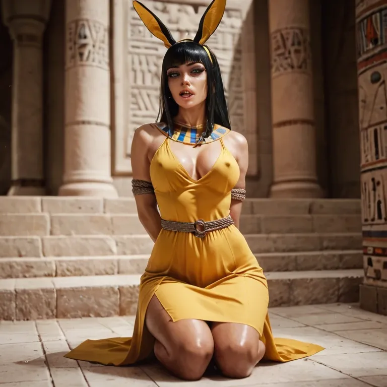 1girl,solo, , , , injected lips,bound arms,slippery nipple,rabbit ears,on knees, eye catching,fingers in ass,perky big tits,narrow hips,kneeling female, yellow dress,egyptian palace,big earrings,gray sports bra,shoes, office boy, is daphne blake, cyberpunk, phone pov, photo-realistic, golden hour, princess peach, wonder woman, heart dynamics