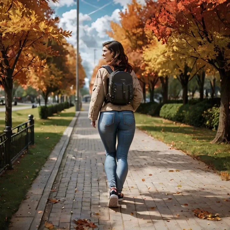 Woman, brown shoulder-length hair, park, jeans, sneakers, coat, autumn day, walking, happy, backpack, visible from behind, Not sun, cloudy