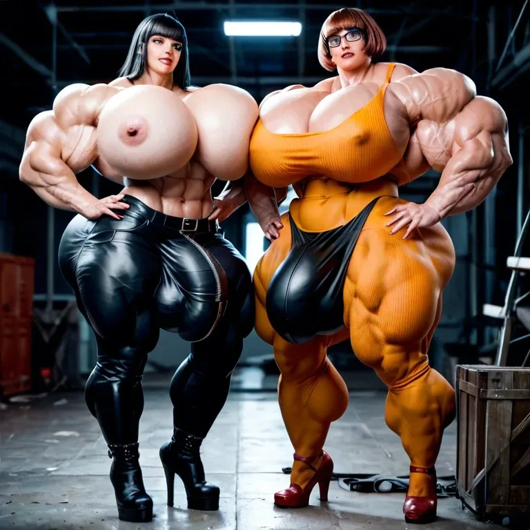 Velma Dinkley dominatrix, female massive muscles, massive muscle, huge muscle body, hyper massive muscles trapèze, hyper massive muscles épaule, hyper massive muscles biceps, huge boobs, futa cock bulge