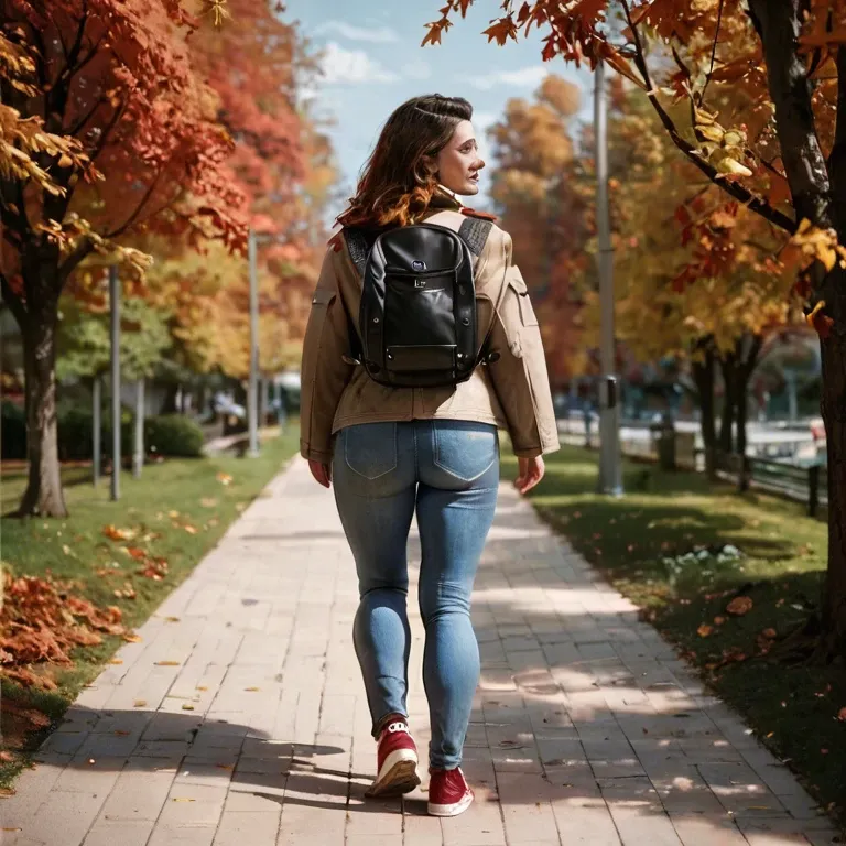 Woman, brown shoulder-length hair, park, jeans, sneakers, coat, autumn day, walking, happy, backpack, visible from behind