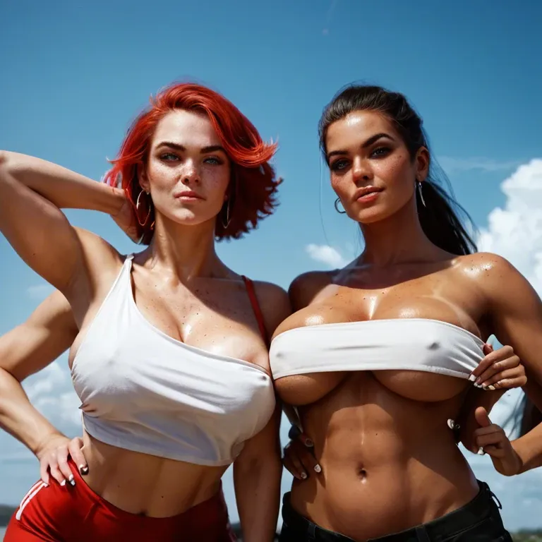 2girl, , , , freckles,arm up,large boob slip,squeezing pecs,off shoulders, lustful eyes,four arms,round big tits,sky above,tan, crop top,red stockings,collared,print panties,sneakers, red sweater,lace stockings,maid hat,sexy lingerie,strappy sandals, bedroom, sparkles, cyberpunk, headphones, robot girl, anime, brightly, anna frozen, dynamic angle