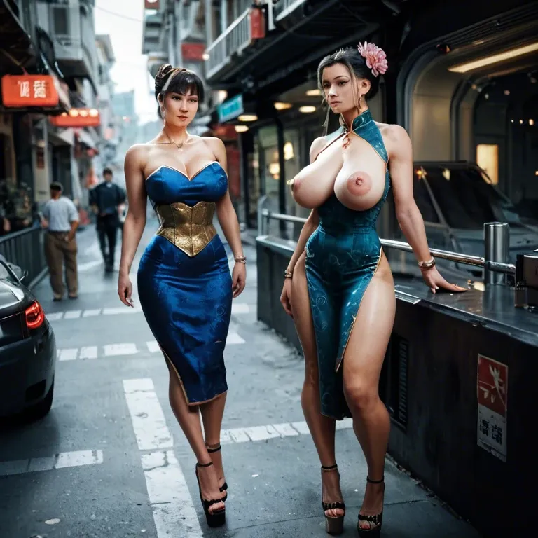 2girl, , , , nose,bound legs,big areolae,thin waist,shoulder, china dress,golden necklace,collarbone,corset,platform heels, bare feet, on the street, spaceship, camera, dynamic angle