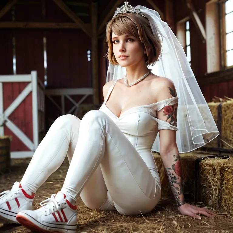 1girl,solo, , , , perfect nose,tattooed arms,perky big tits,busty chest,off shoulder, shirt,pearl necklace,bridal veil,bodysuit,sneakers, barn, max caulfield, medieval, detailed cock, dark skin, spider-gwen, ariel waifu