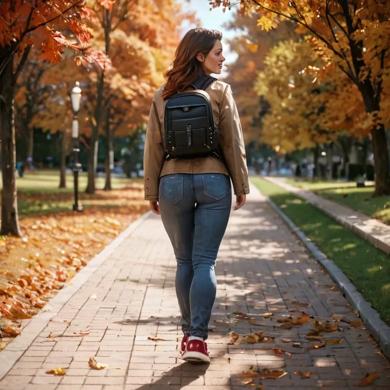 Woman, brown shoulder-length hair, park, jeans, sneakers, coat, autumn day, walking, happy, backpack, visible from behind, Not sun