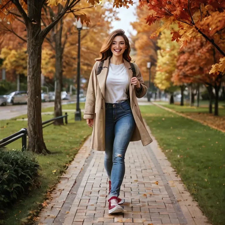 Woman, brown shoulder-length hair, park, jeans, sneakers, coat, autumn day, walking, happy, backpack