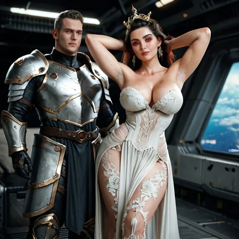 1girl,1boy, , , , freckled face,armour,round breasts,from waist up,ankles, red eyes,spread armpits,big breasts,spaceship,off shoulders, silk gown,white lace,gold crown,corset,shoes, couch, mountains, cyberpunk, cyborg girl, painted nails, bright-lit, samus, elsa hair, nami