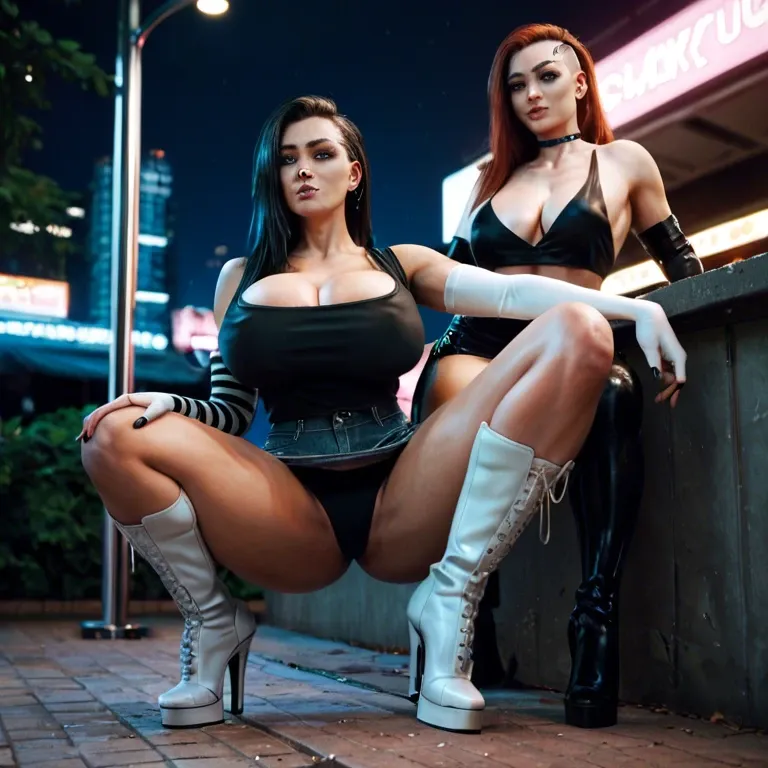 2girl, , , , nose piercings,high heel,perky big tits,bare chest,one knee up, black shirt,striped clothes,elbow gloves,panties,white boots, strip club, park, cyberpunk, huge dildo, wonder woman, hatsune miku