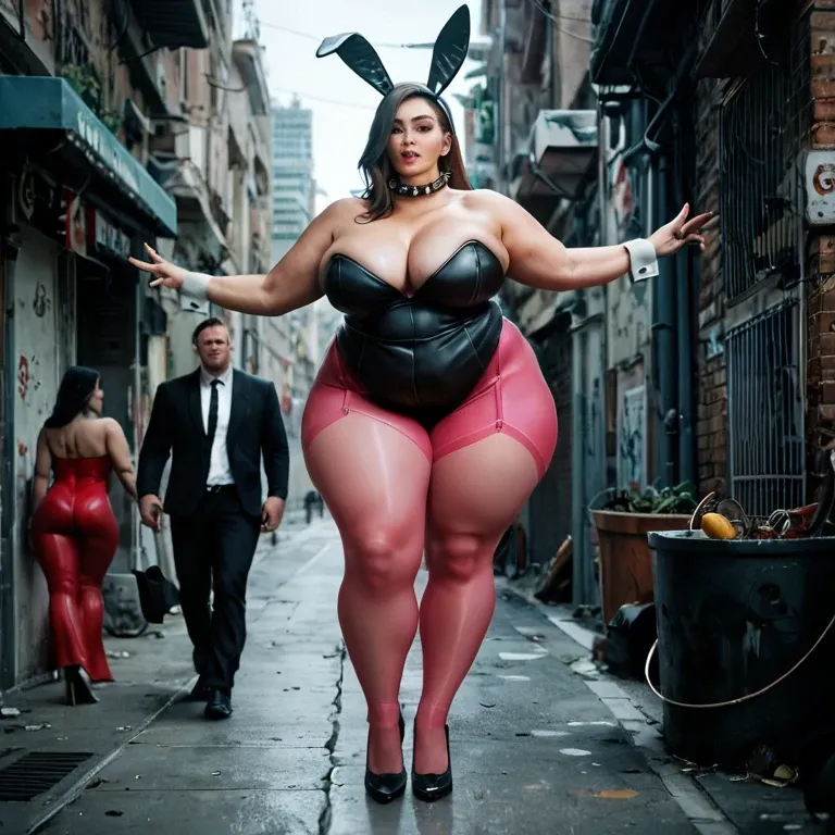 1girl,1boy, , , , very full lips,fat obese arms,large breasts,medium hips,bare shoulders, bunny costume,pink stockings,strings,black bra,heels, bare, alleyway, spaceship, spiked collar, lara croft, ariel