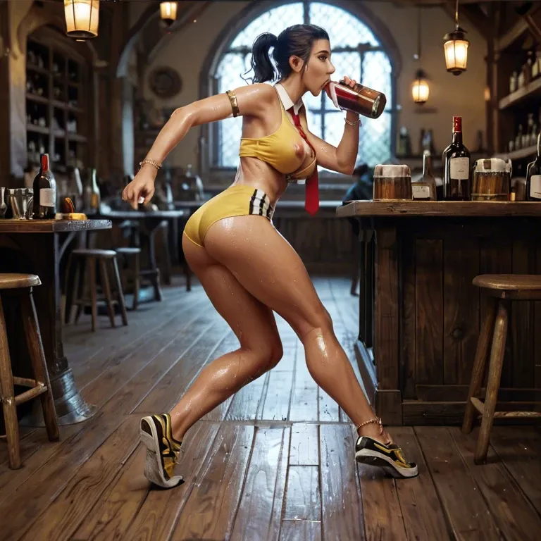 1girl,solo, , , , bottle in mouth,arm ring,one nipple out,ass grabbing,on elbows, yellow tank top,anklets,tie clip,wet bra,running shoes, maebari, tavern setting, semi-realistic, golden hour, anna, dynamic