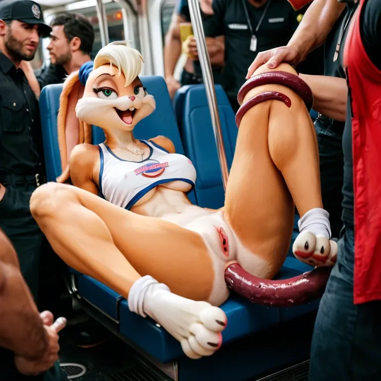 Lola bunny, furry, anal, Gang bang, tentacle, public transport, people watching, people filming, feet