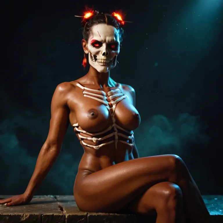 A dark blond woman sits confidently, skeletal face paint, crossed legs, dark attire, red glow, intense, poised, mysterious allure, naked