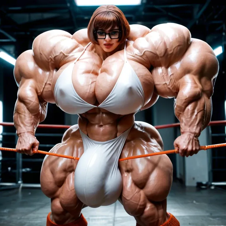 Velma Dinkley dominatrix, female massive muscles, massive muscle, huge muscle body, hyper massive muscles trapèze, hyper massive muscles épaule, hyper massive muscles biceps, huge boobs, futa large cock bulge