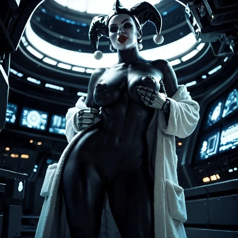 1girl,solo, , , , sexy mouth,one foot up,puffy nipples,round hips,elbow, spread cheeks,mechanical arm,licking nipple,spaceship,limited palette, bathrobe,white socks,jester cap,black bodysuit,boots, bunny costume,striped,black hat,pulled bra,black boots, hospital room, sparkle, medieval tavern, hyper-realistic, dark light, lara croft, elsa hair, rapunzel waifu