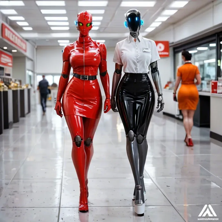 robot girl, cyborg, bot, woman, promotion_model, employee, yellow, red, latex catsuit, skirt, mc donalds logo, walking at a fast food