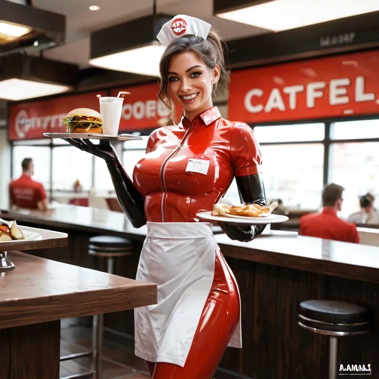 robot girl, young woman, waitress, employee, yellow, red, latex catsuit, mc donalds logo, walk and serve at a fast food restaurant, smiling,