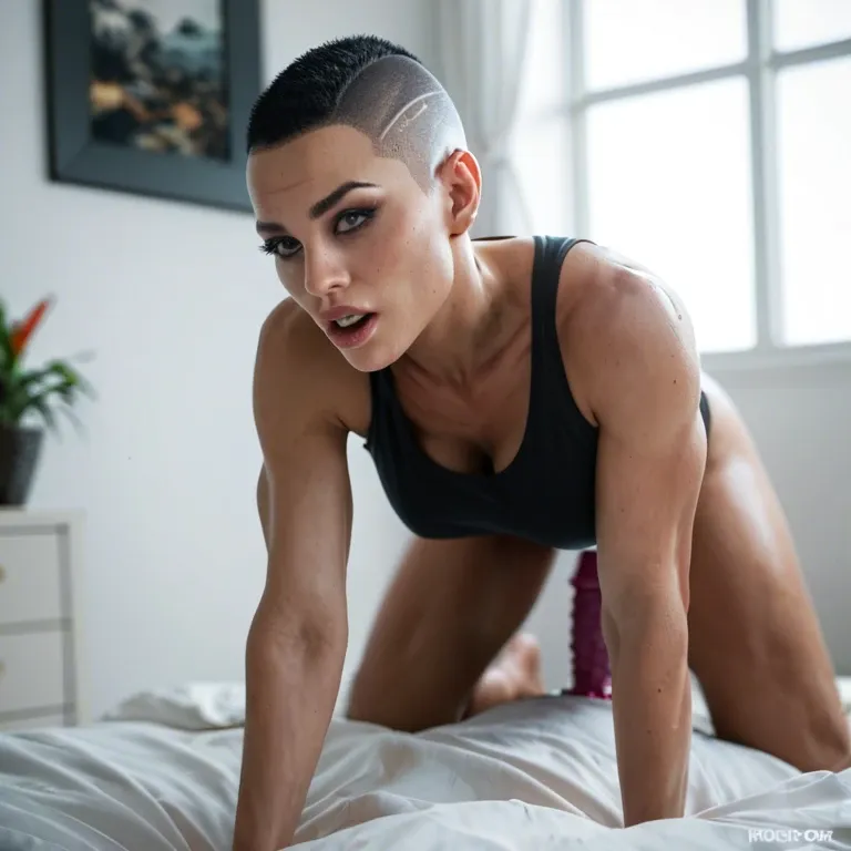 Woman, athletic, buzz cut, dildo, doggystyle