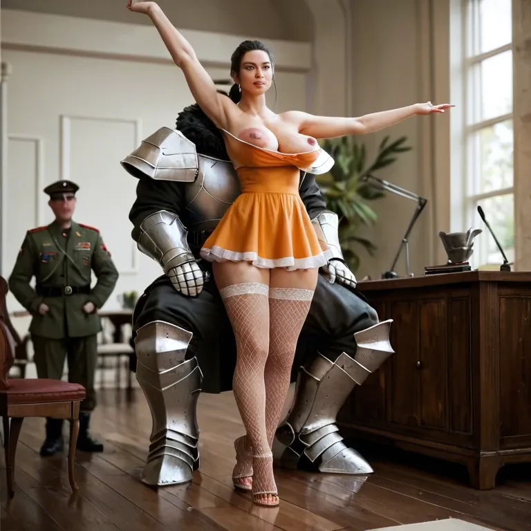 1girl,1boy, , , , stretching,long toes,big areolae,perfect breast,off shoulders, orange sundress,fishnet thighs,fur collar,frilled panties,armored boots, army uniform,knee-high socks,nipple rings,green swimsuit,armored boots, bare ass, garden, cyberpunk, headphones, couch, lara croft, spider-gwen, dynamics