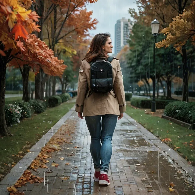 Woman, brown shoulder-length hair, park, jeans, sneakers, coat, autumn day, walking, happy, backpack, visible from behind, Rain day