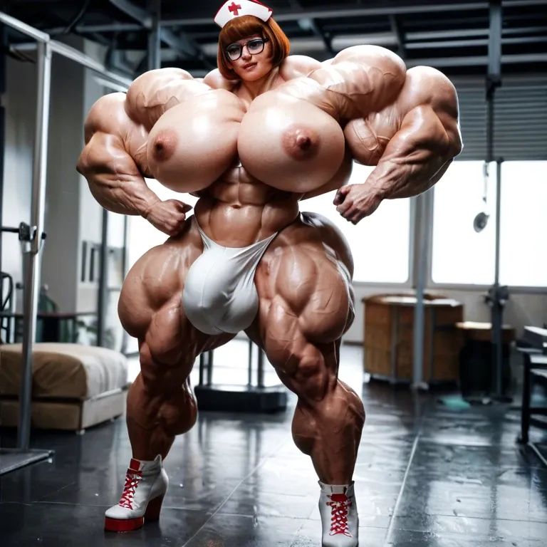 Velma Dinkley nurse, female massive muscles, massive muscle, huge muscle body, hyper massive muscles trapèze, hyper massive muscles épaule, hyper massive muscles biceps, nude huge boobs, futa large cock bulge, lingerie