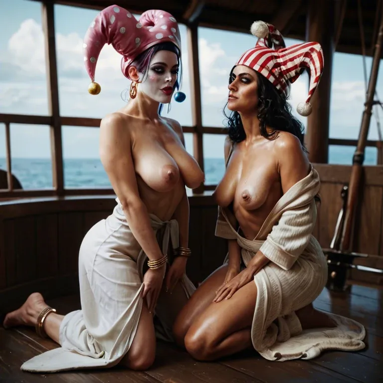 2girl, , , , nose ring,perfect hands,defined nipples,pirate ship,kneeling, nostrils,arms tied,saggy breasts,saggy breast,natural skin, bathrobe,gold anklets,jester cap,tight swimsuit,no shoes, barely, crowded beach, cyberpunk, unforgettable