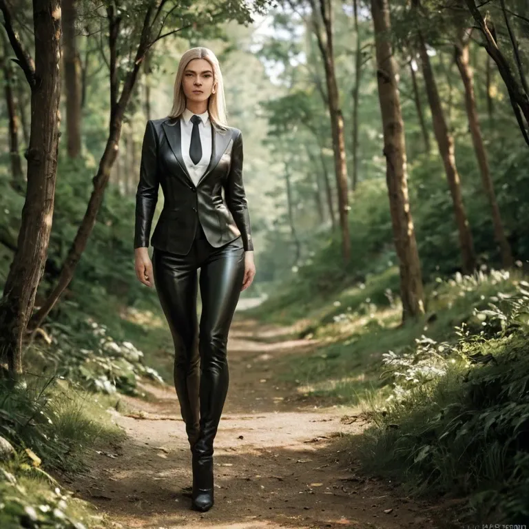 Blonde hair big beats in black leather suit long legs outdoor woods